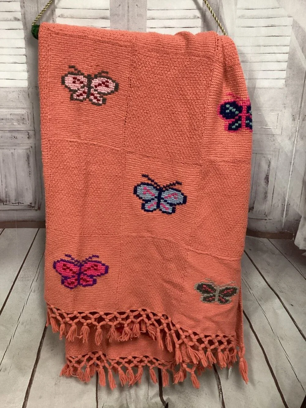 Hand Crochet Blanket Butterflies Salmon Orange Color 60x90